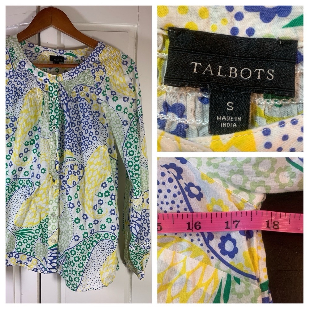 Talbots Shirt Women‎ Small Paisley Smocking Yellow Peasant Button Crochet Boho